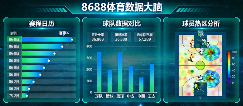 8688体育数据大脑展示赛程日历、球队数据对比和球员热区分析